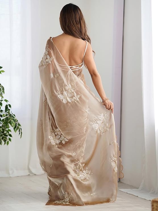 AKHILAM Women's Shimmer Organza Sequence Embroidery Saree With Unstitched Blouse Piece - Image 3