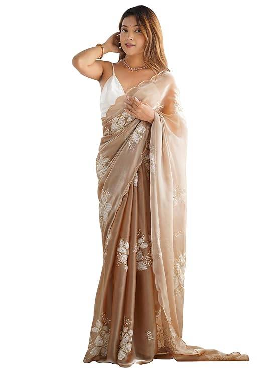 AKHILAM Women's Shimmer Organza Sequence Embroidery Saree With Unstitched Blouse Piece