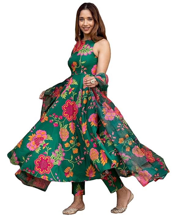 ANNI DESIGNER Women's Cotton Blend Anarkali Printed Kurta with Pant & Dupatta - Image 2