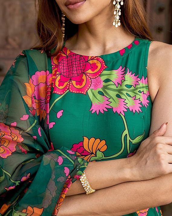 ANNI DESIGNER Women's Cotton Blend Anarkali Printed Kurta with Pant & Dupatta