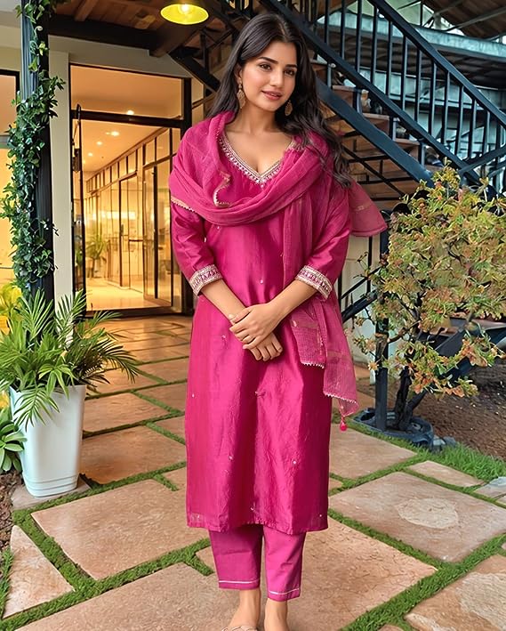 ANNI DESIGNER Women's Pure Cotton Kurta Plazzo Dupatta Set | Hand Embroidered Neck Design | Ethnic Wear Kurti Set for Women Cotton Suit Set | Traditional Festive Dress for Women - Image 4