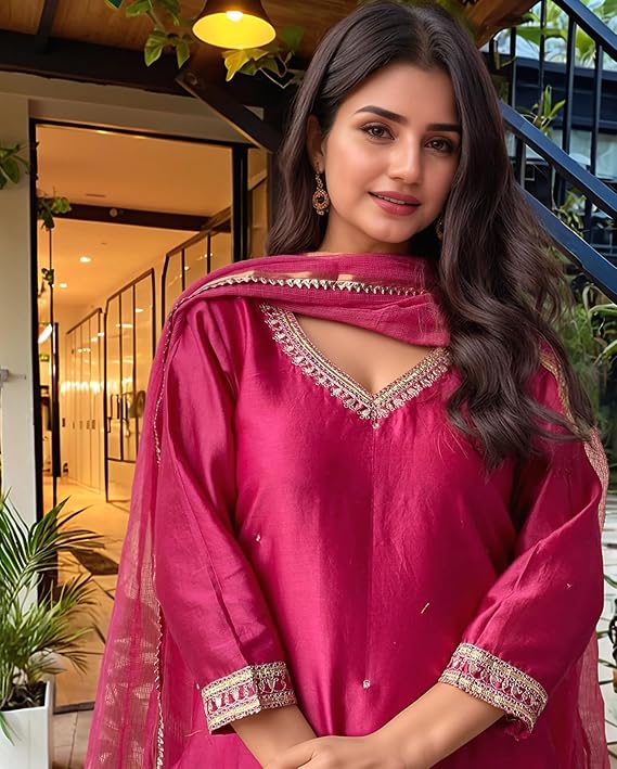 ANNI DESIGNER Women's Pure Cotton Kurta Plazzo Dupatta Set | Hand Embroidered Neck Design | Ethnic Wear Kurti Set for Women Cotton Suit Set | Traditional Festive Dress for Women - Image 2