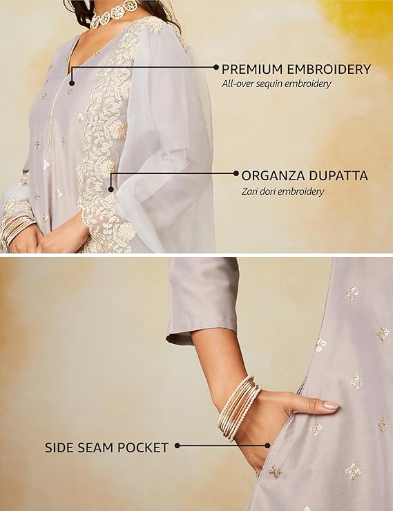 Amazon Brand - Myx Women's Kurta Pant Set with Embroidered Organza Dupatta | Viscose,Rayon | A-line fit - Image 5