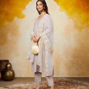 Amazon Brand - Myx Women's Kurta Pant Set with Embroidered Organza Dupatta | Viscose,Rayon | A-line fit
