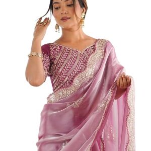 SIRIL Women's Organza Sequence Embroidery Scollped Border Saree With Unstitched Blouse Piece