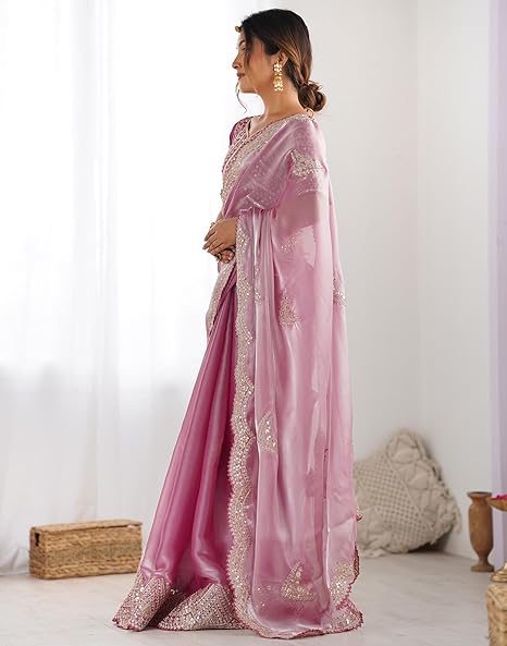 SIRIL Women's Organza Sequence Embroidery Scollped Border Saree With Unstitched Blouse Piece - Image 3