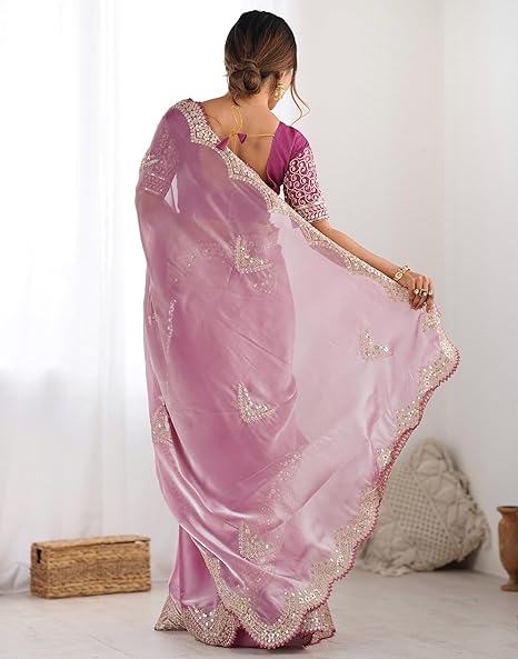 SIRIL Women's Organza Sequence Embroidery Scollped Border Saree With Unstitched Blouse Piece - Image 6