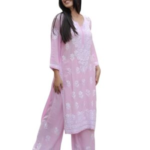 BHARVITA Women's Cotton Blend Lucknowi Embroidered Chikankari Straight Kurta with Pant Set