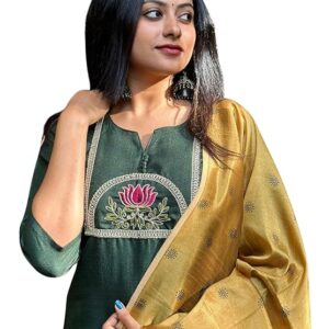 EthnicJunction Womens Cotton Blend Solid Thread Work Kurta Set And Pant with Digital Print Dupatta Set